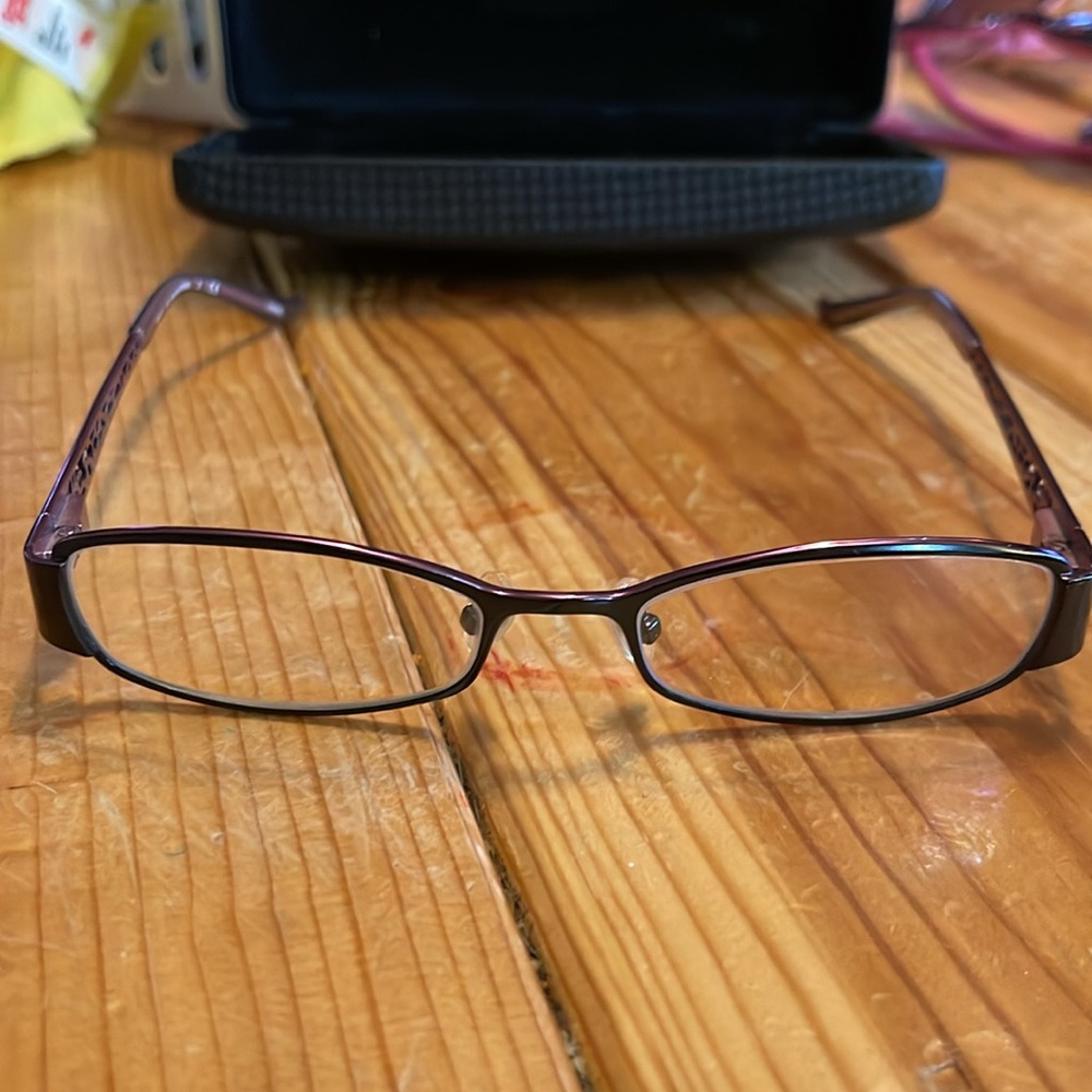 Purple metal reading glasses with case. +1.00